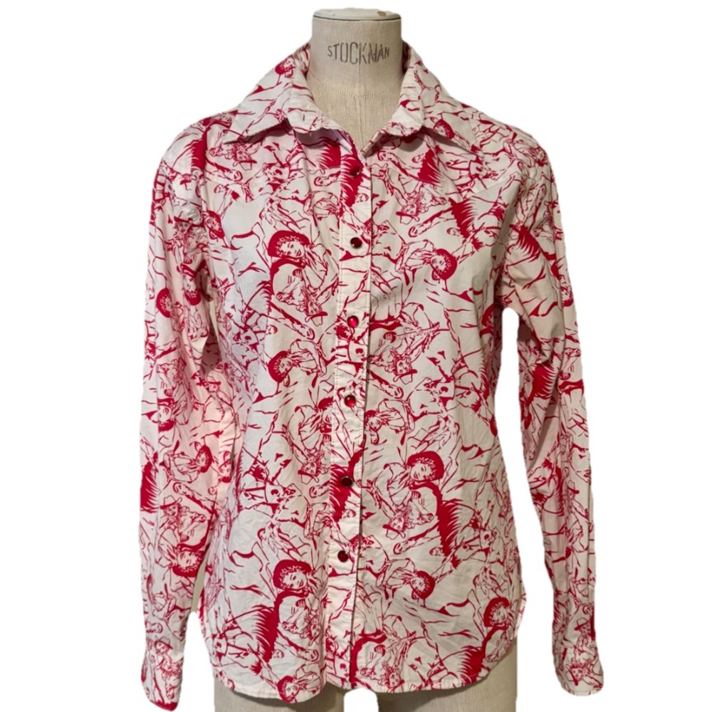 RARE Vtg Y2K Cruel Girl Western Pearl Button Up Shirt Graphic Cowgirl Print Sz M